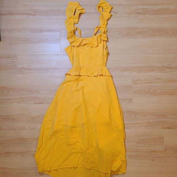 FOREVER 21 Yellow Gold Ruffle Tie-Back Midi Dress Womens Size Large - Picture 5 of 9